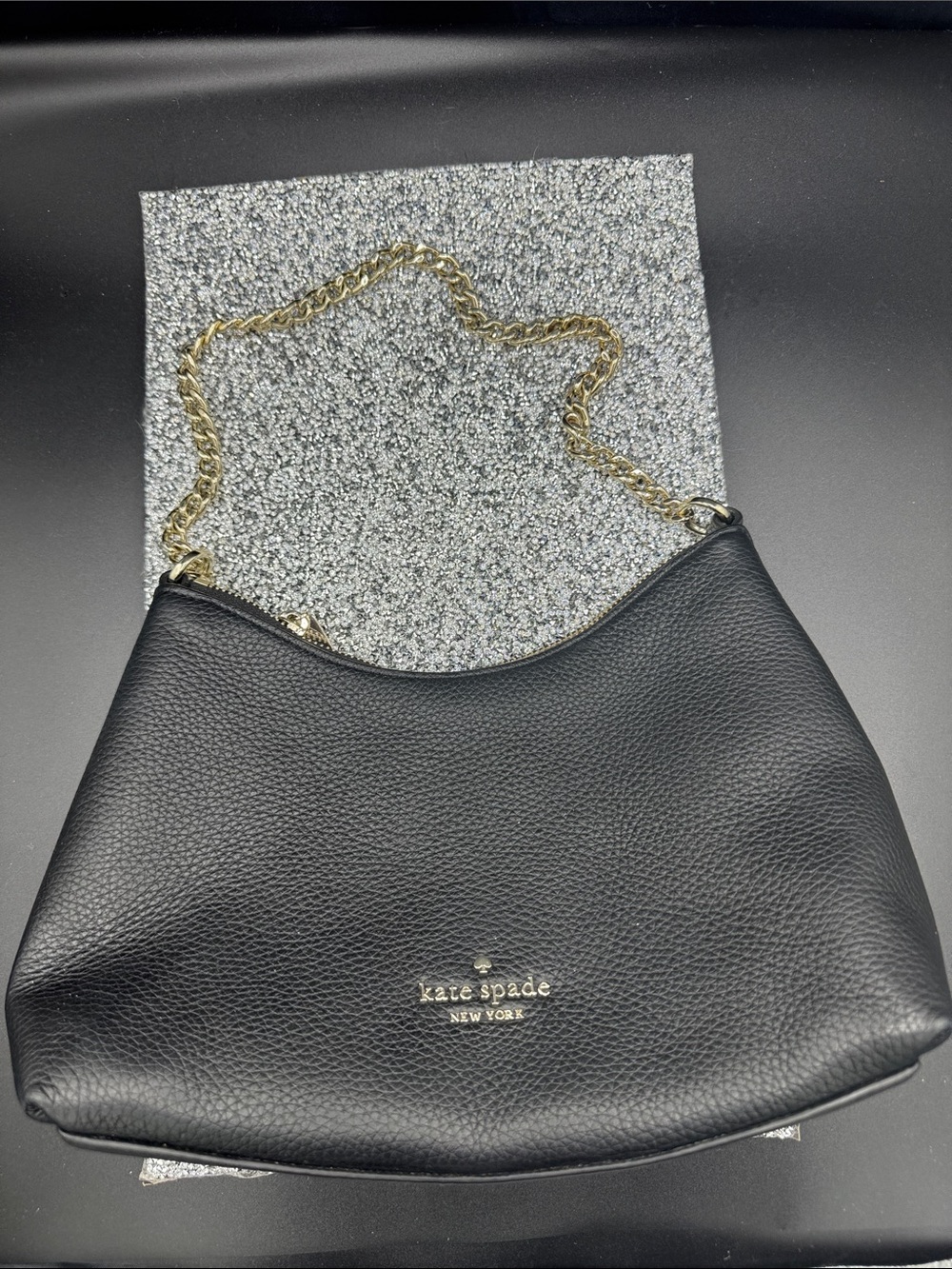 kate spade Black Pebbled Leather Shoulder Bag with Gold Chain
